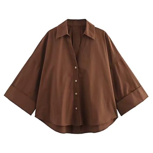 Brown button-up shirt on a white background