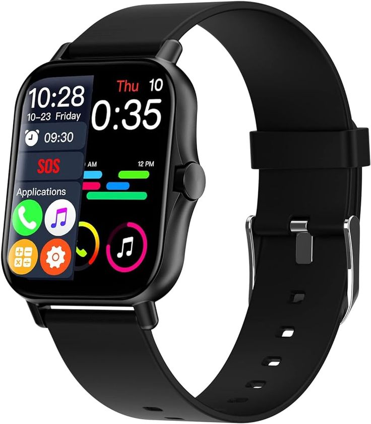Black smartwatch with a colorful display on a white background