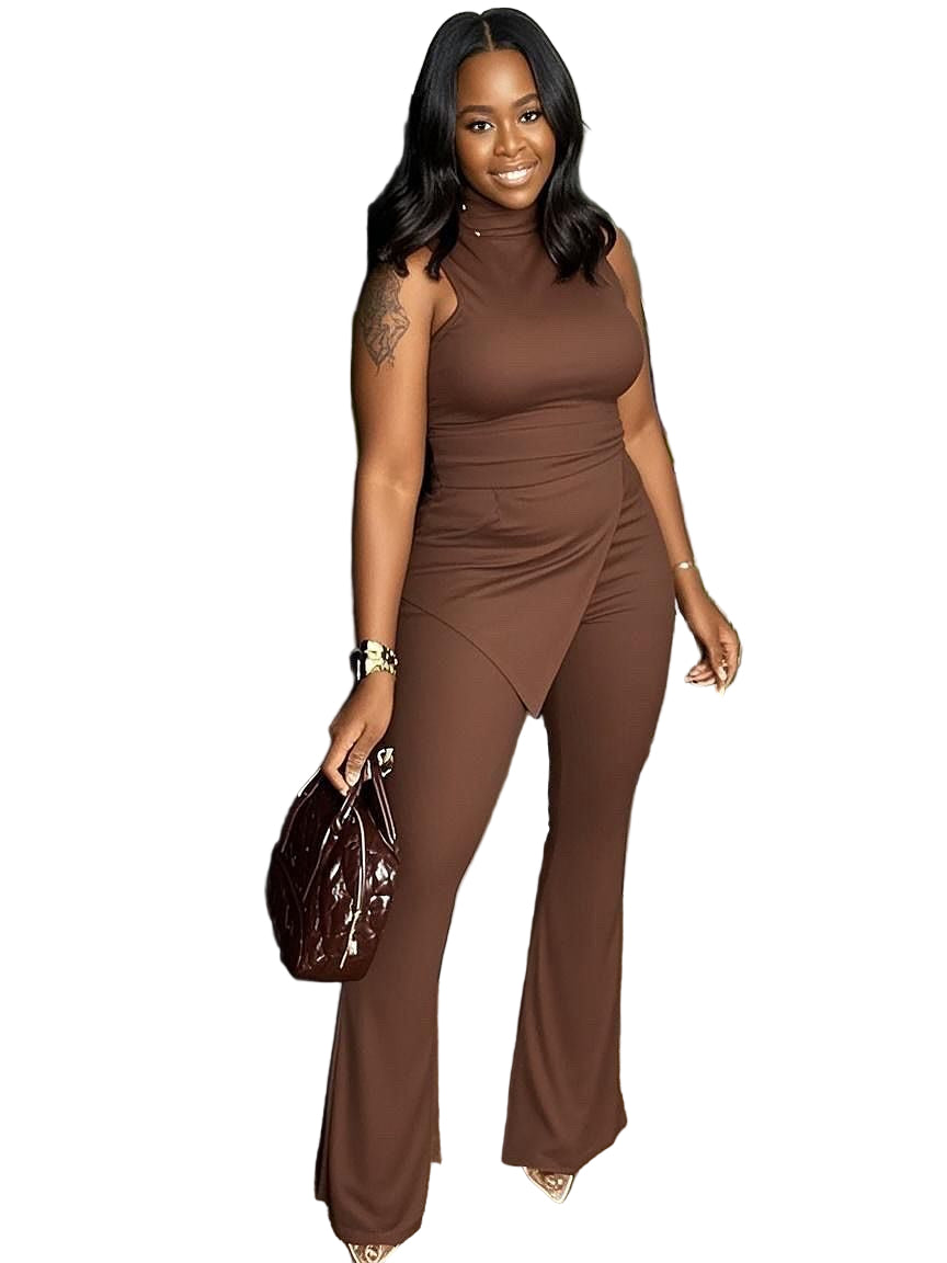 Sleeveless high neck split top and pants two-piece set