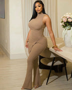Sleeveless high neck split top and pants two-piece set
