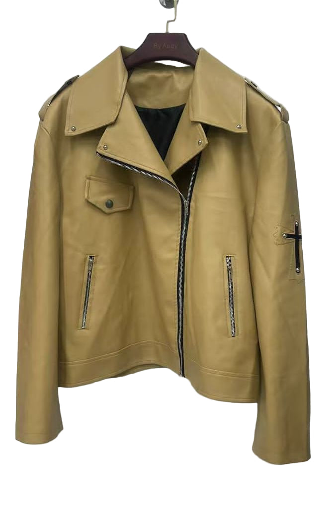 Tan leather jacket with zippers on a white background