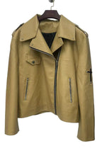 Tan leather jacket with zippers on a white background