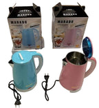 Two electric kettles, one blue and one pink, with their packaging on a white surface.