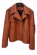 Brown leather jacket on a hanger against a white background