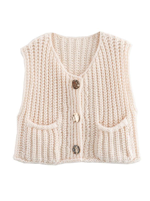 Three buttons V-neck pocket sleeveless top