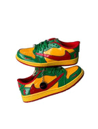 Colorful sneakers with a unique design on a wooden floor