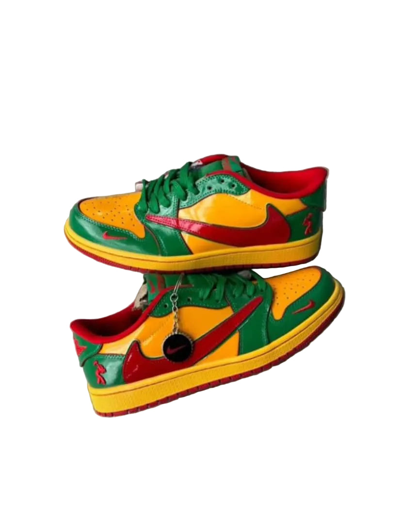 Colorful sneakers with a unique design on a wooden floor