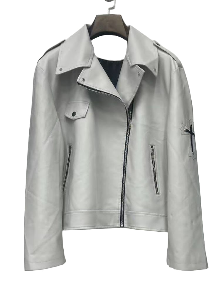 White leather jacket on a hanger against a white background