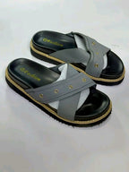 Pair of black and gray sandals with 'Fashion' branding on a white background