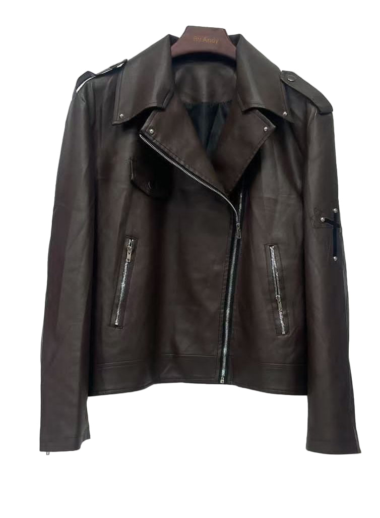 Brown leather jacket on a hanger against a white background