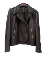 Brown leather jacket on a hanger against a white background