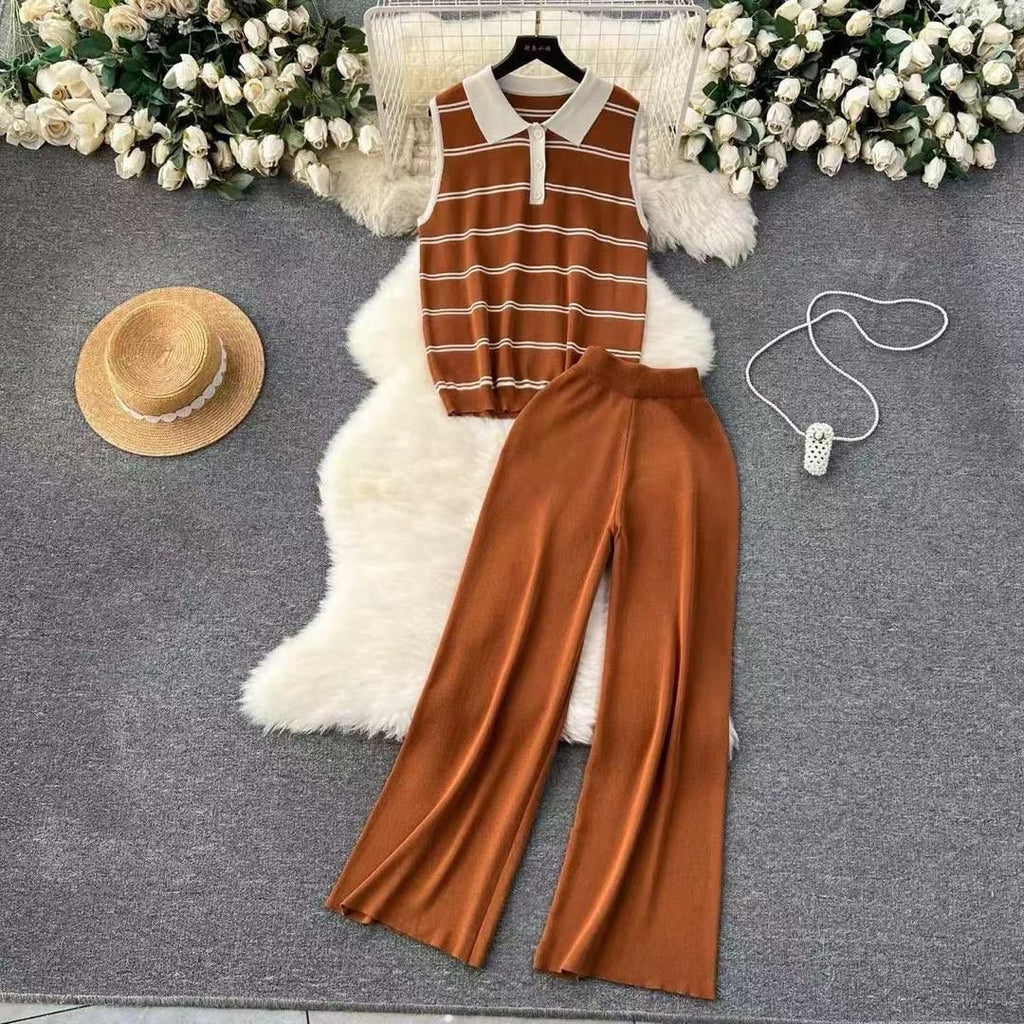 Flare pant with a sleeveless long V-neck top full outfits