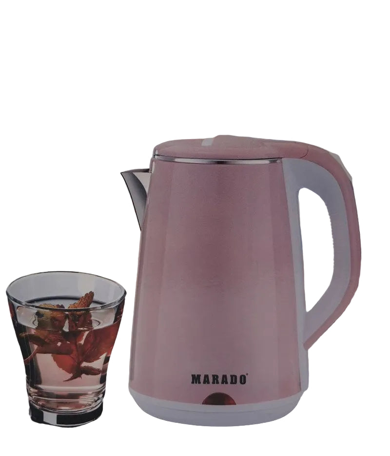 Pink electric kettle with a glass of tea on a kitchen counter, branded as Marado.