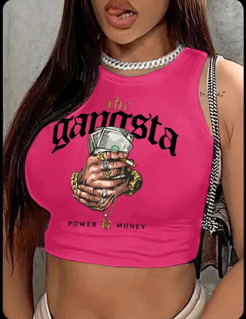 Person wearing a pink tank top with graphic design and text.