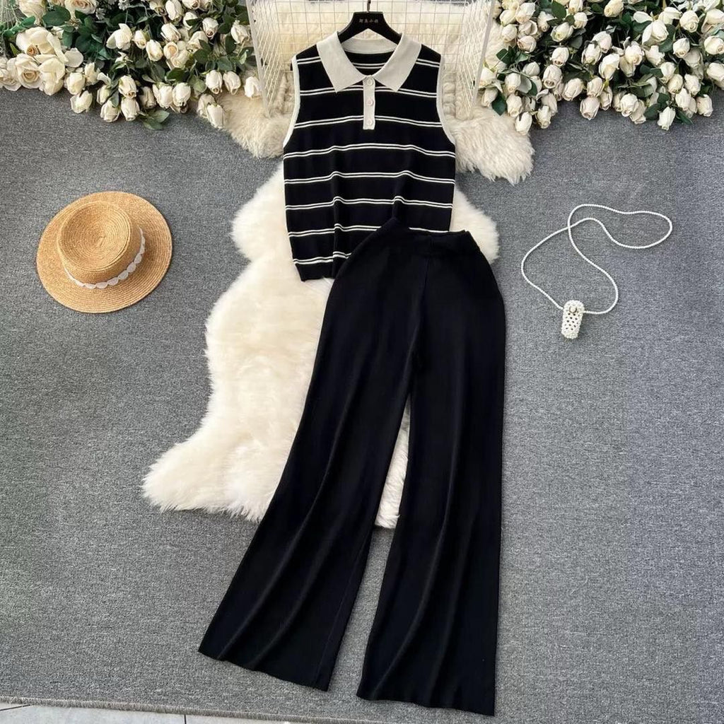 Flare pant with a sleeveless long V-neck top full outfits