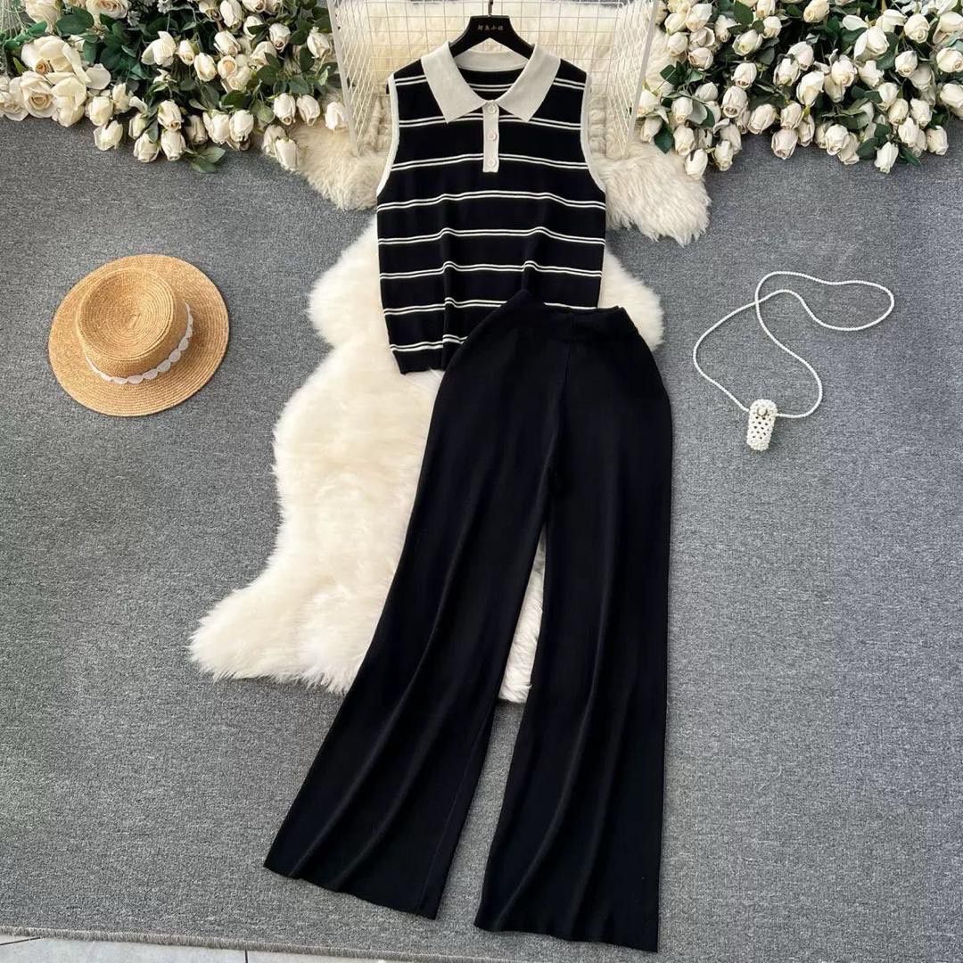 Flare pant with a sleeveless long V-neck top full outfits